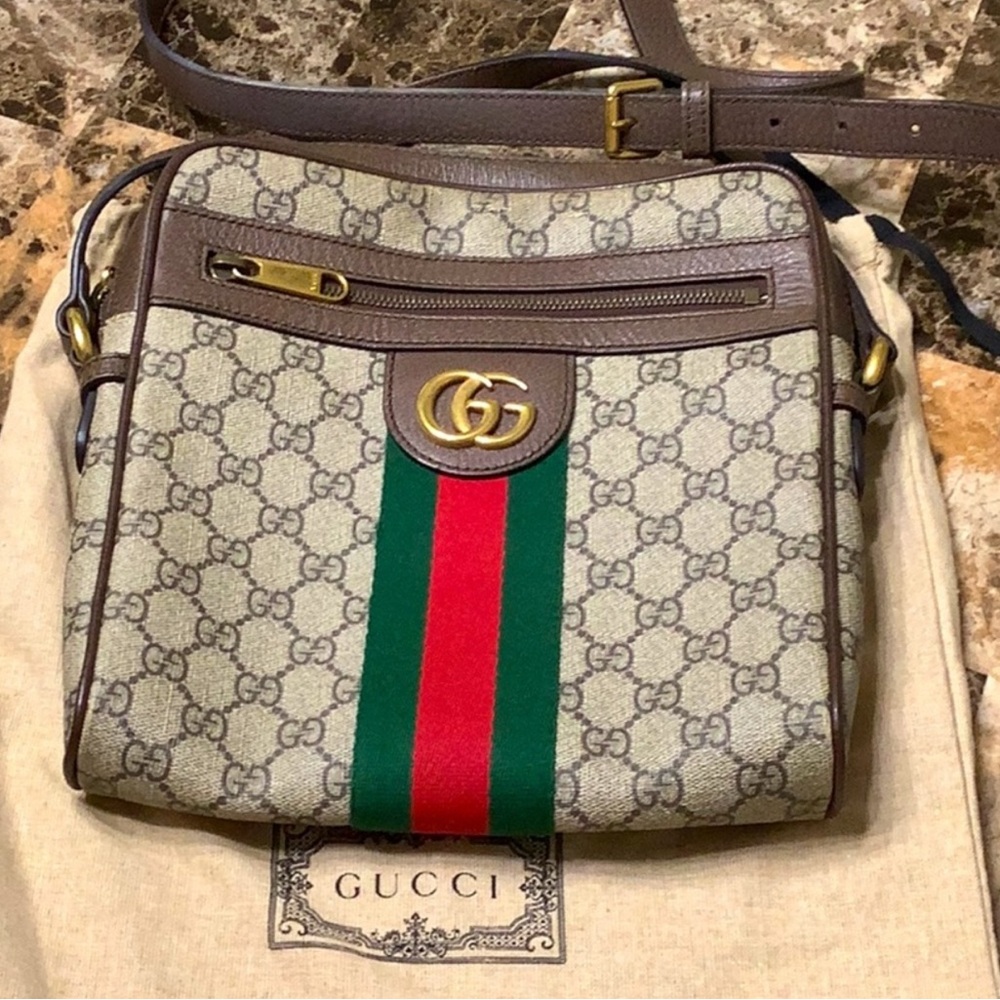 Gucci Brown and Green Crossbody Bag with Signature Web Stripe